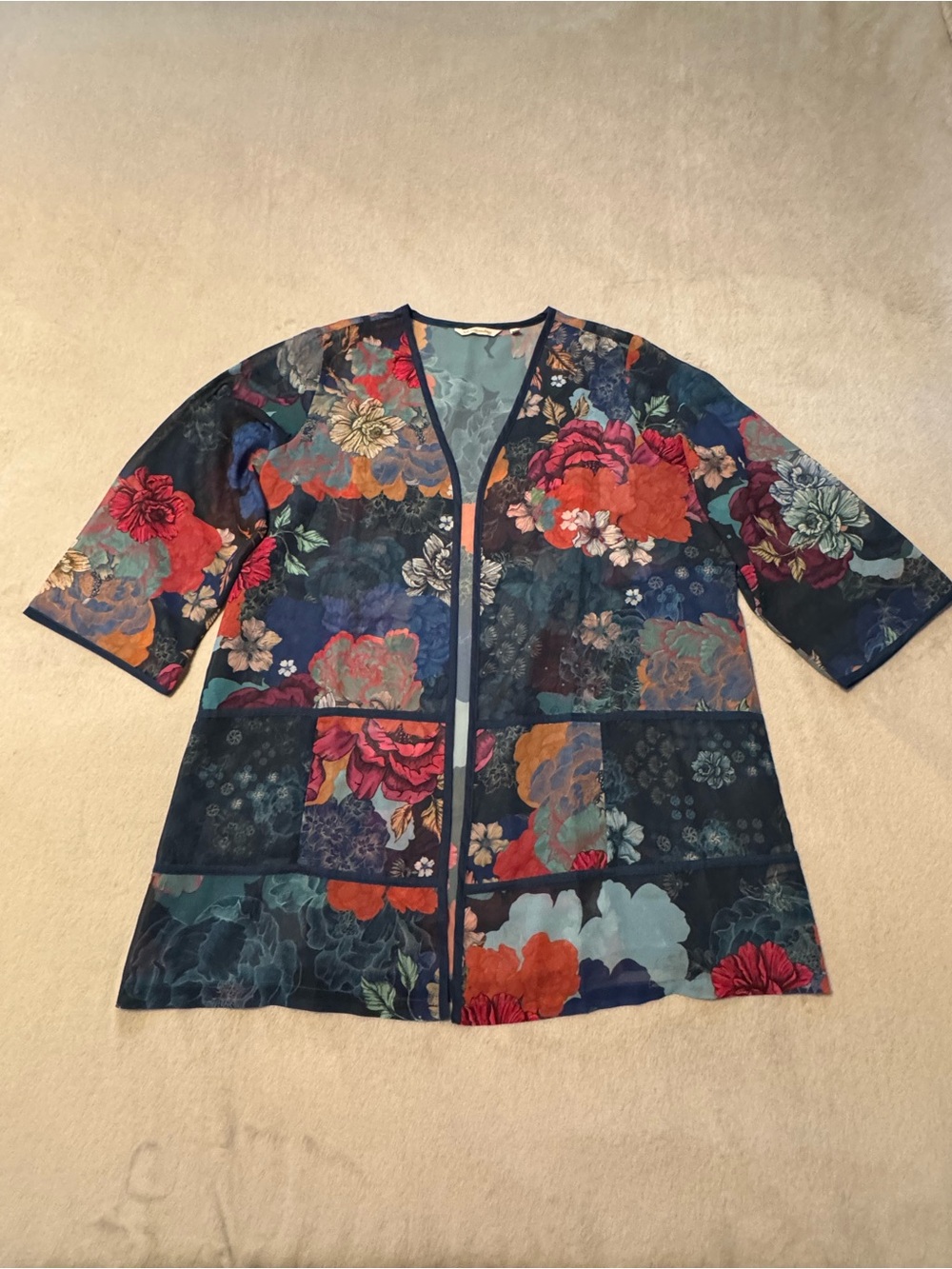 Soft Surroundings Teal Floral-Accent Open Kimono 2X